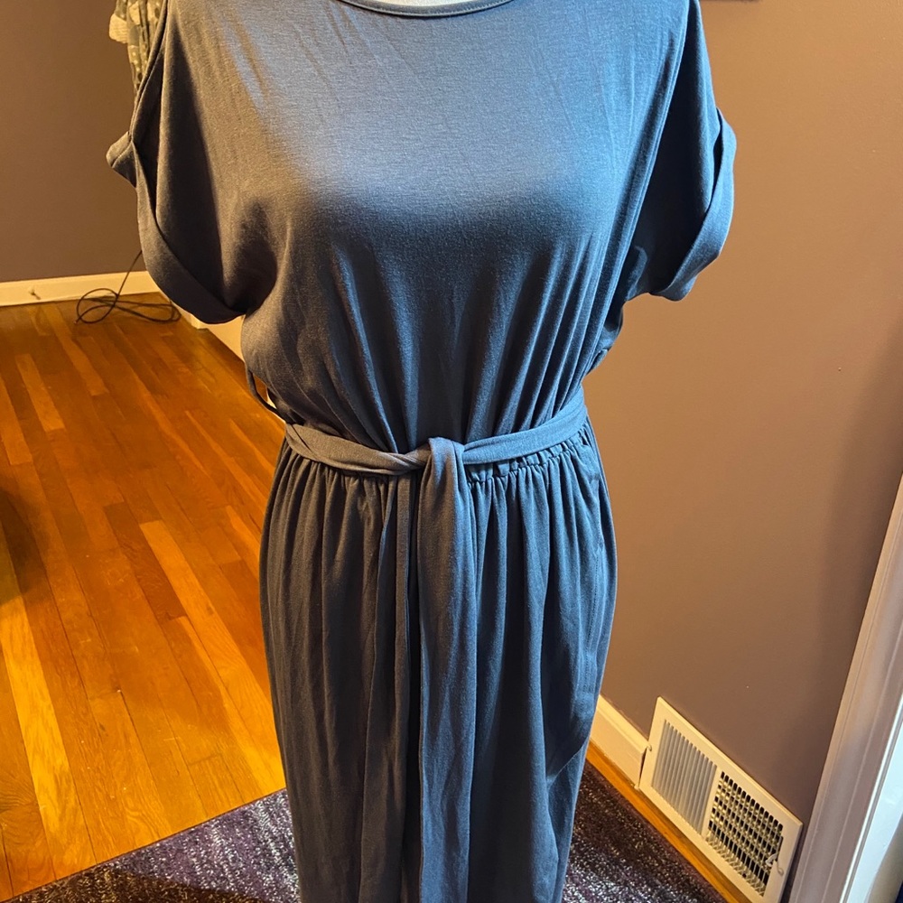Gray faux-wrap dress with belt